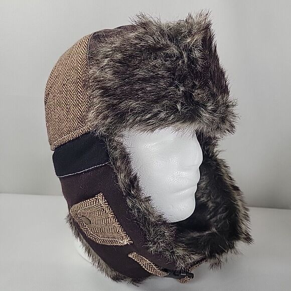 Earth Ragz Trapper Hat Brown Patchwork Faux Fur Ear Flaps Hunting Aviator Winter - Picture 2 of 12